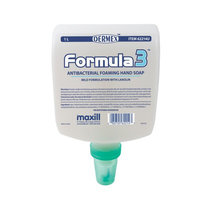 maxill Formula 3 Antibacterial Foaming Hand Soap, 1 L Dispenser Insert Unscented & Colour Free