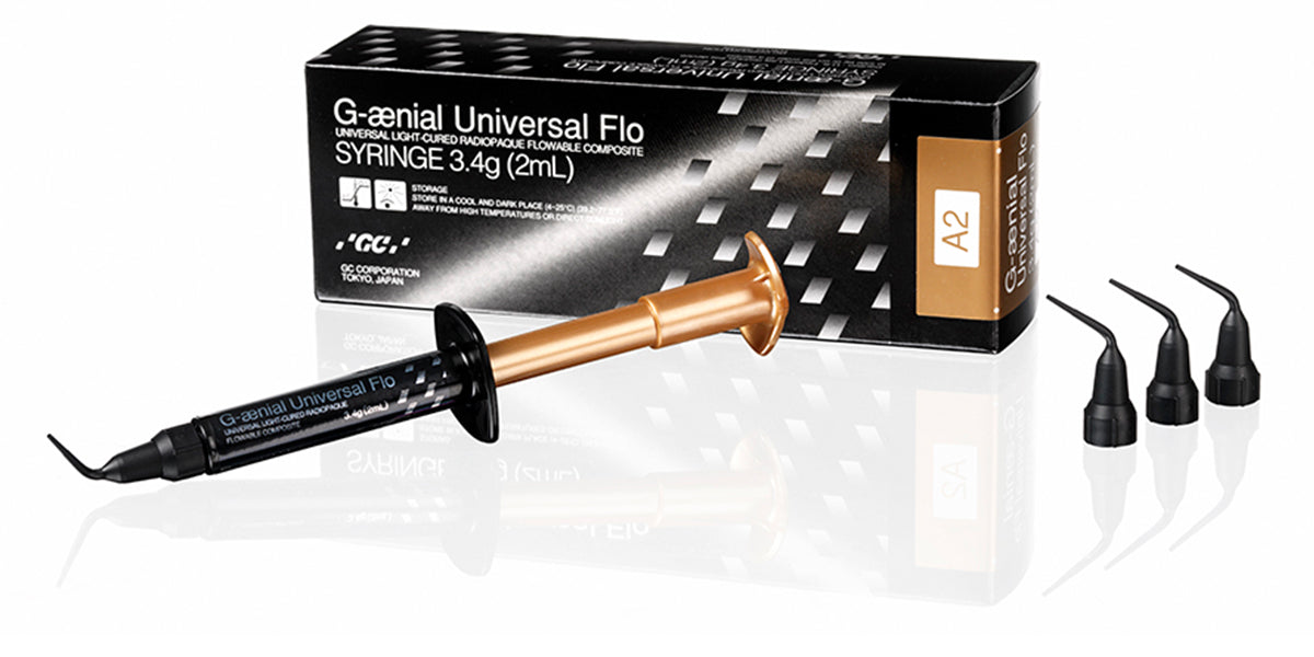 GC G-aenial Universal Flo shade A2 syringe, box and tips