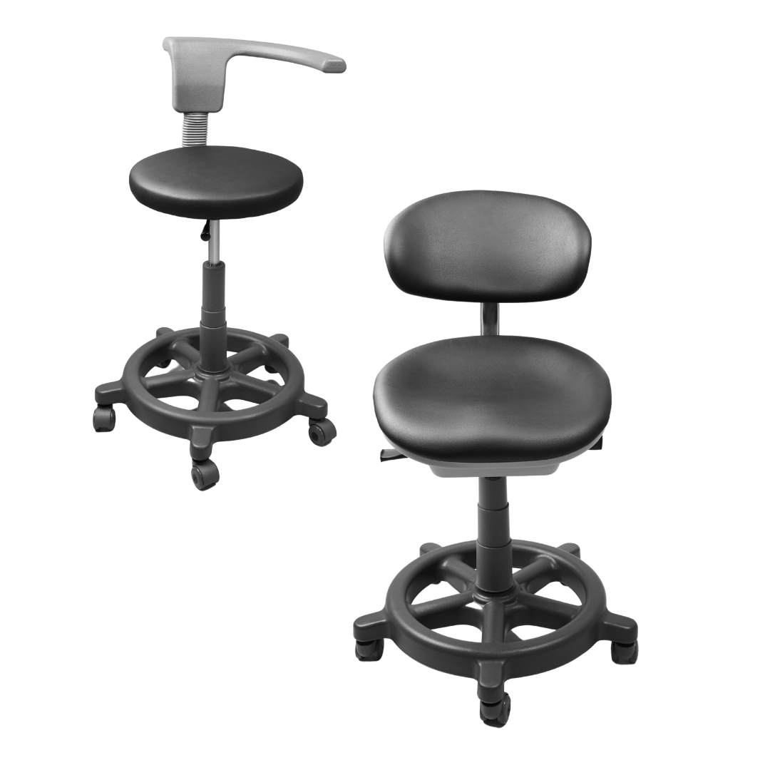 Hatch Comfort G7 dental stools, side by side on a dark background