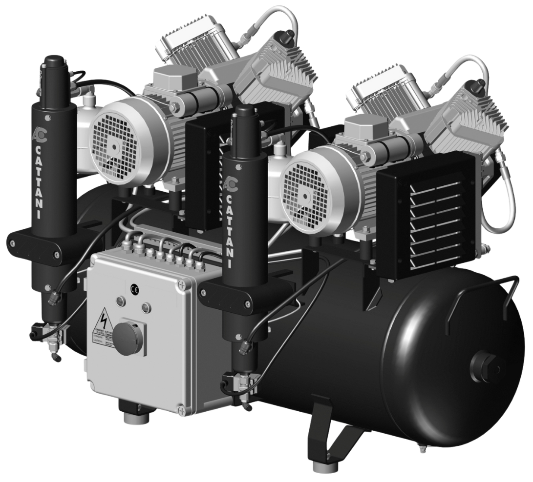 Cattani AC 400 air compressor, twin cylinder and twin head on a 100 litre tank