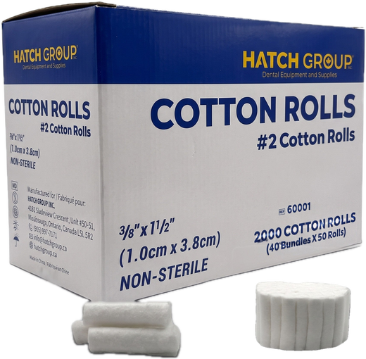 Hatch #2 cotton rolls box with a bundle of 50 and loose rolls