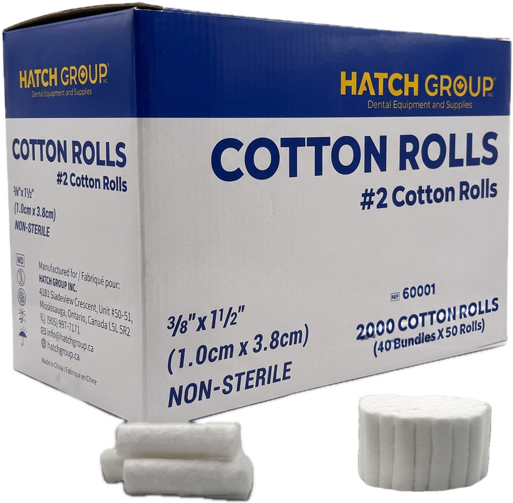 Hatch #2 cotton rolls box with a bundle of 50 and loose rolls