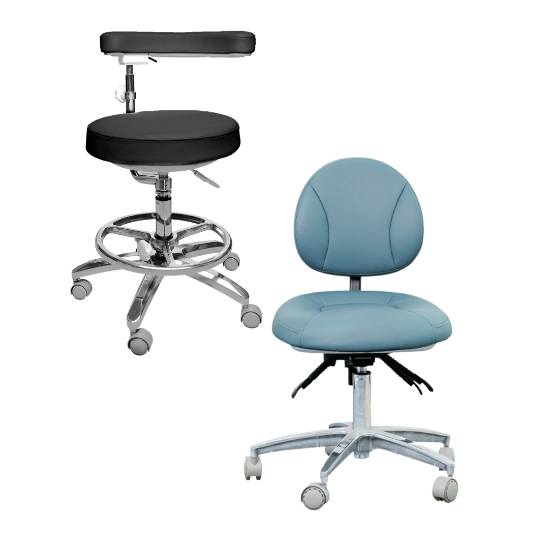 Hatch Ajax AJ16 dental stools, side by side on a dark background