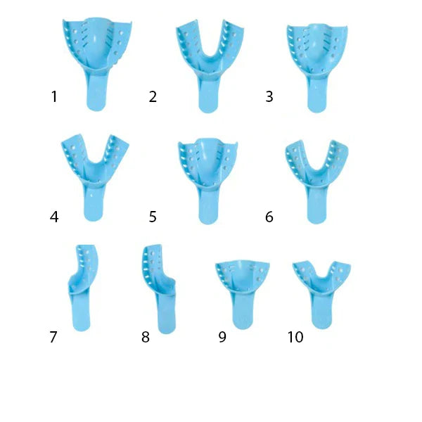 Blue perforated impression trays numbered 1 to 10