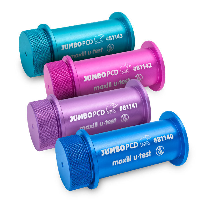 maxill u-test JUMBO PCD in blue, purple, pink and teal