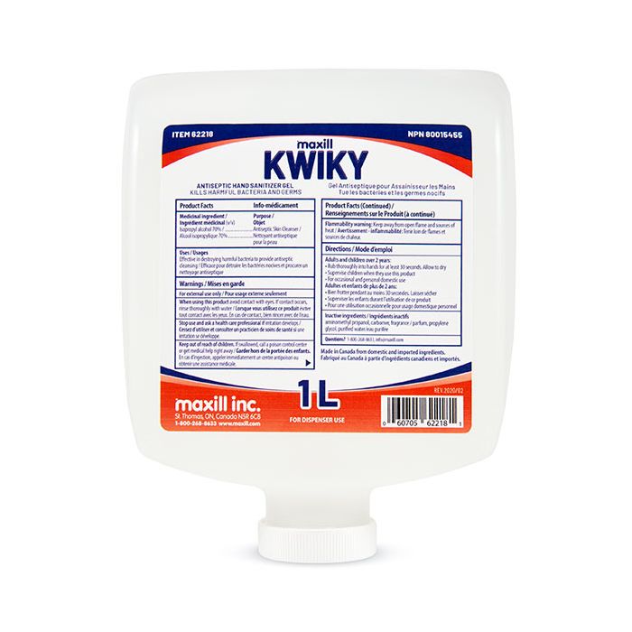 maxill KWIKY Antiseptic Hand Sanitizer Gel, 1 L Dispenser Insert