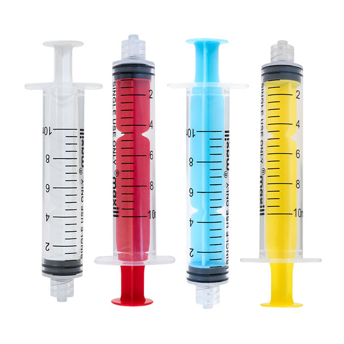 maxill EZEE ID 10 mL Luer lock syringes in white, red, blue and yellow