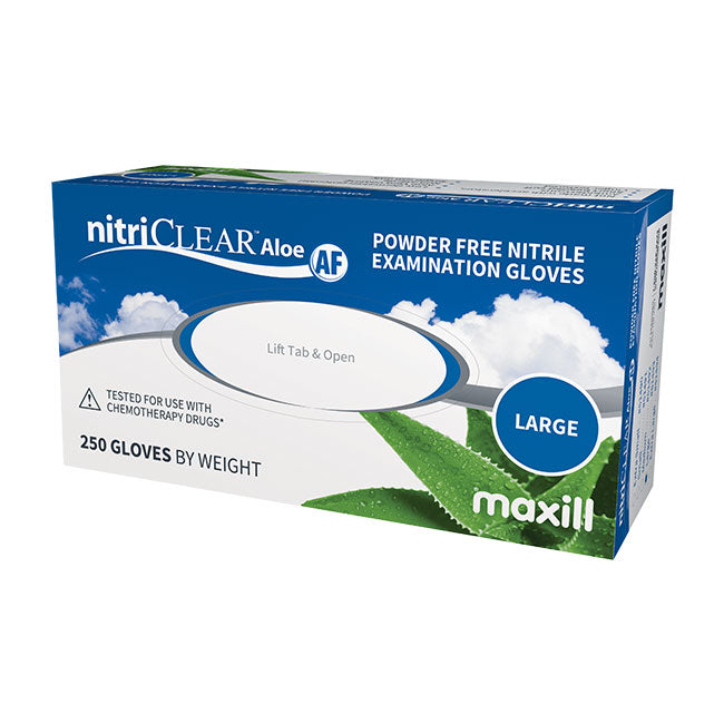 maxill nitriCLEAR Aloe AF Nitrile Gloves, 250 gloves per box - Large