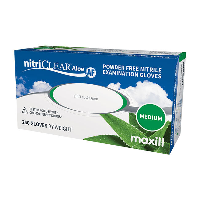 maxill nitriCLEAR Aloe AF Nitrile Gloves, 250 gloves per box - Medium