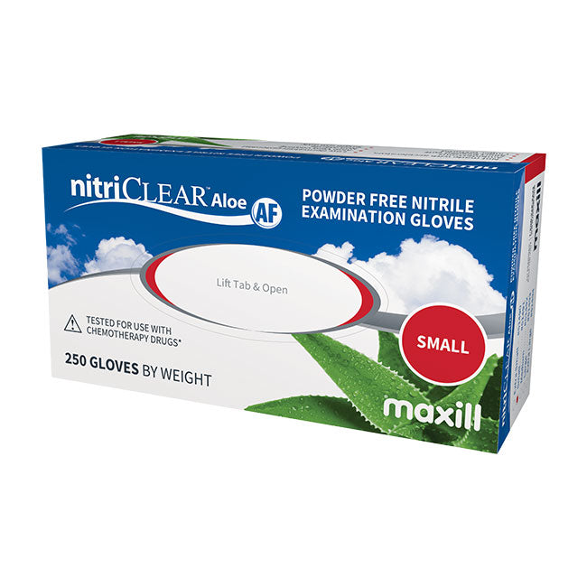 maxill nitriCLEAR Aloe AF Nitrile Gloves, 250 gloves per box - Small