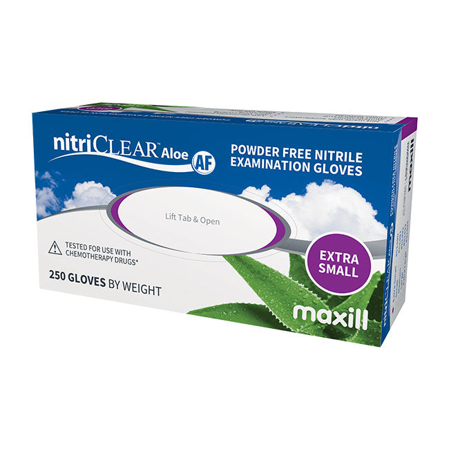 maxill nitriCLEAR Aloe AF Nitrile Gloves, 250 gloves per box - Extra Small