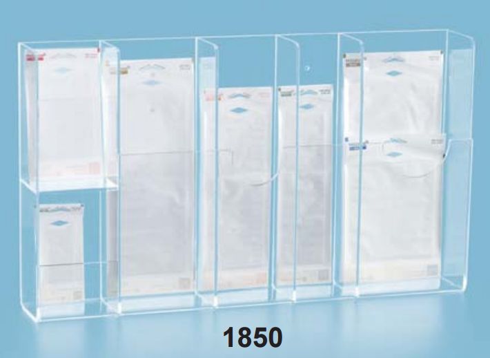 Six slot sterilization pouch dispenser holding pouches of several sizes