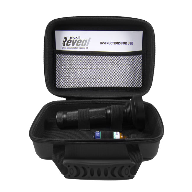 Open Reveal kit case with instructions for use, light and cream