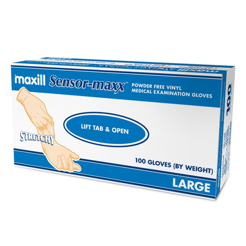 maxill Sensor-maxx stretchy powder free vinyl examination gloves, box of 100, large