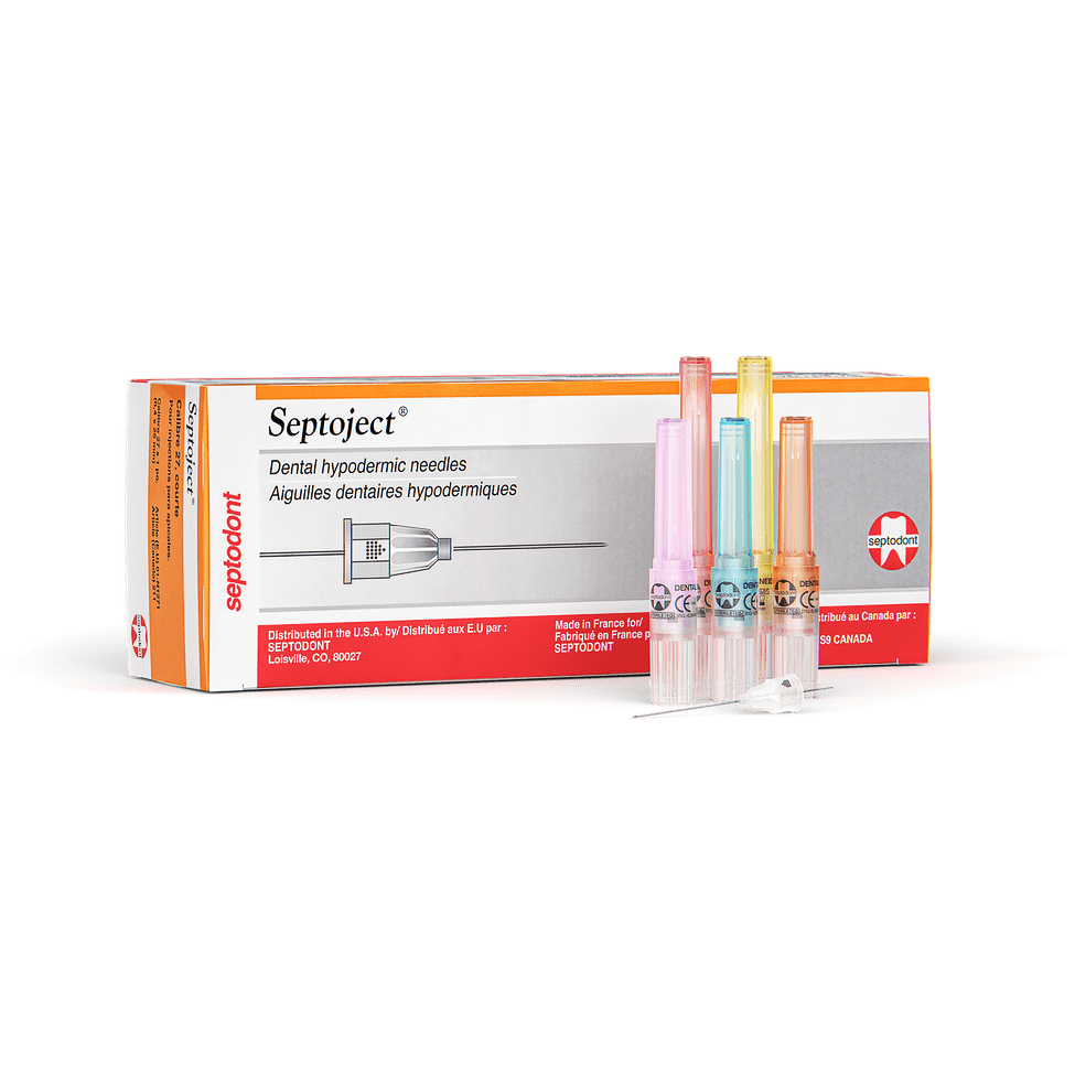 Septoject dental hypodermic needles carton with colour-coded needles