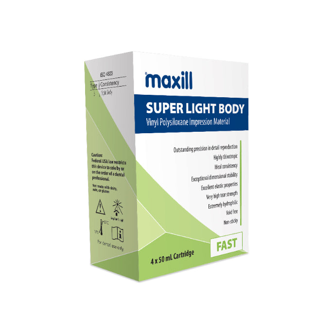 maxill Super Light Body VPS impression material box, fast setting, 4 x 50 mL cartridges