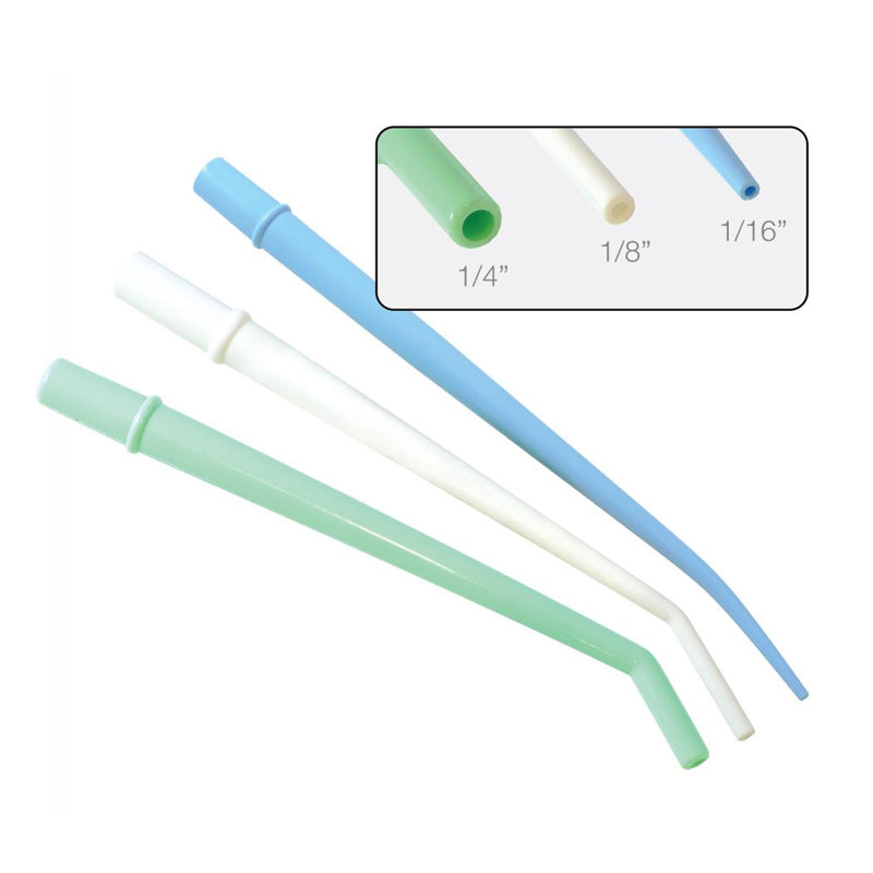 Surgical aspirator tips with tip sizes 1/4 inch green, 1/8 inch white, 1/16 inch blue