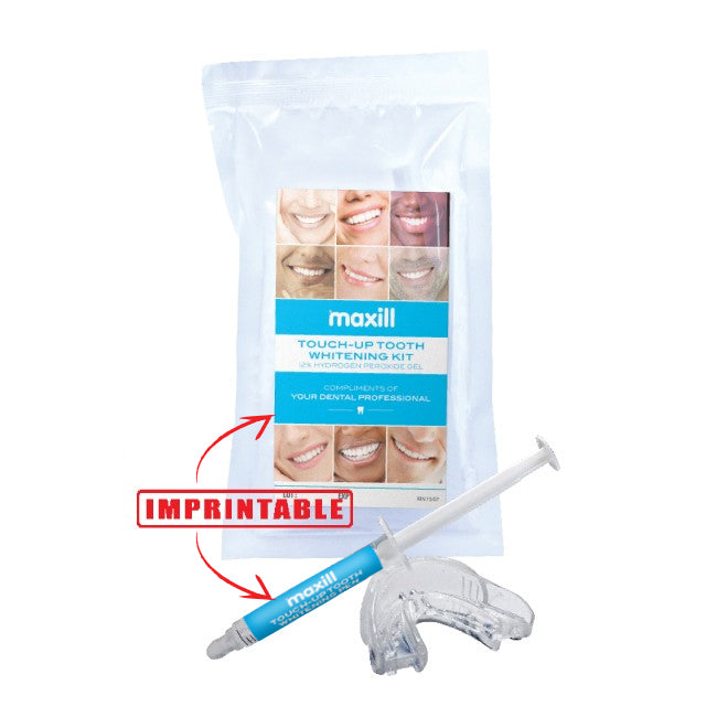 maxill Touch-Up Tooth Whitening Kit pouch with syringe and mouth tray, imprintable