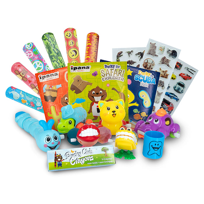 Sample of the toys, stickers and crayons in the Jumbo chest