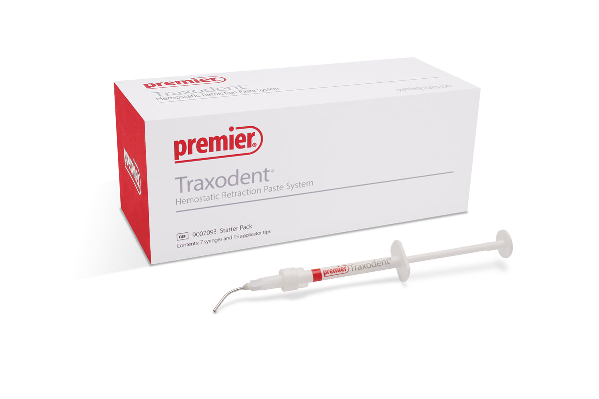 Premier Traxodent starter pack box with syringe and bendable tip