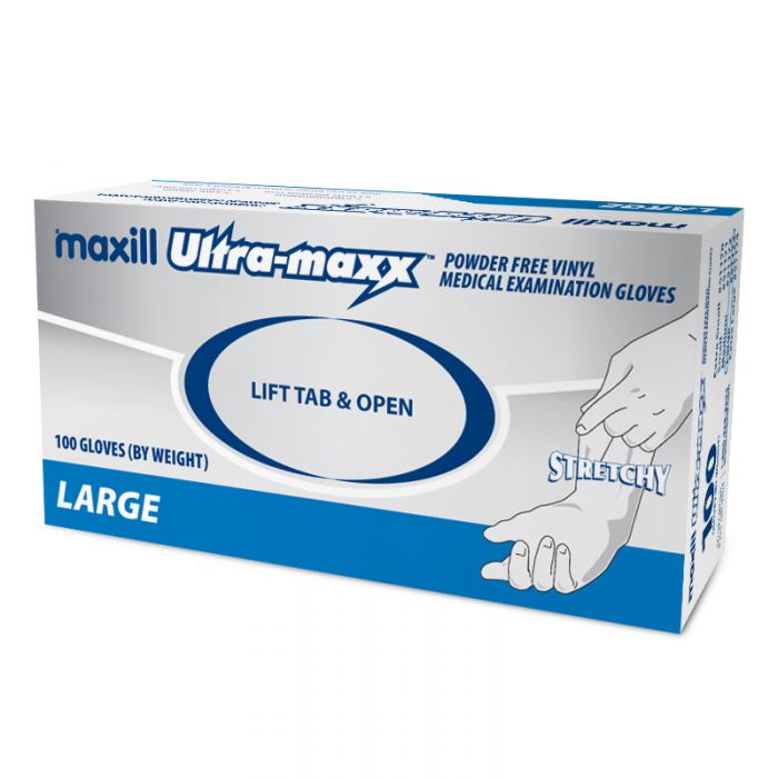 maxill Ultra-maxx Stretchy Vinyl Gloves, Large - 100 per box | 10 boxes per case