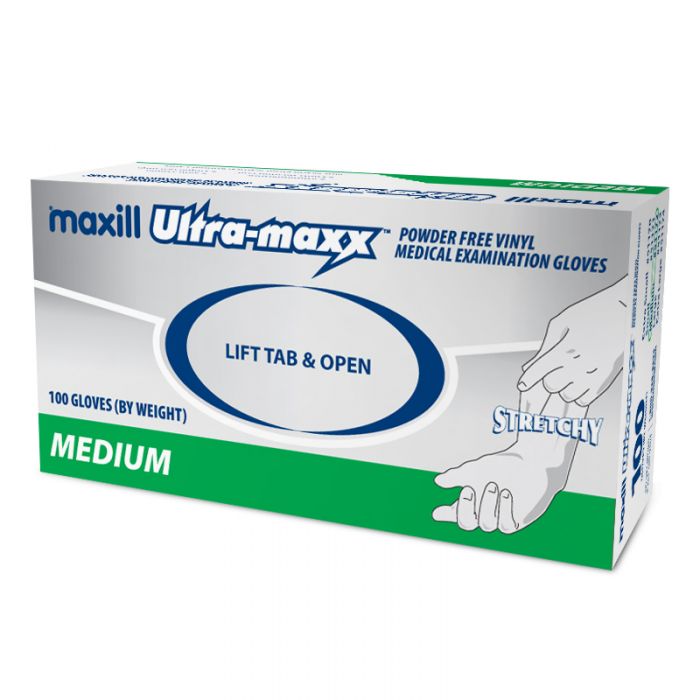 maxill Ultra-maxx Stretchy Vinyl Gloves, Medium - 100 per box | 10 boxes per case