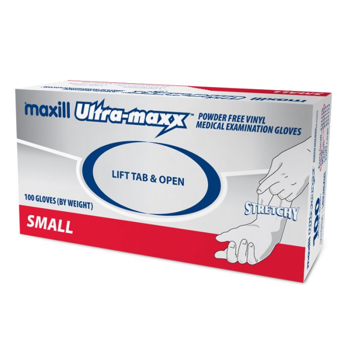 maxill Ultra-maxx Stretchy Vinyl Gloves, Small - 100 per box | 10 boxes per case