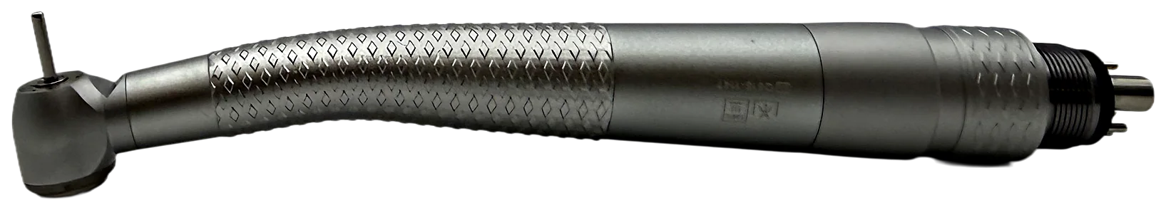 The full handpiece on its side, from the head to the connector end